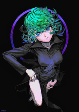 動漫女孩，綠色頭髮和藍色眼睛，穿著黑色服裝，身後有一個發光的紫色環。 — Realme Pad 壁紙