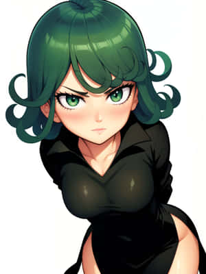 動漫女孩，綠色頭髮和眼睛，穿著黑色服裝，強烈凝視 — Galaxy Z Fold 8 壁紙