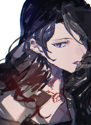 深色頭髮和紫色眼睛的動漫女孩，戴著一條紅色五角星項鍊。 — Kindle 壁紙