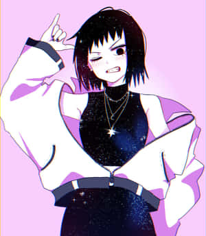 穿著星星裝扮的動漫女孩在粉紅色背景前做手勢 — 古勒比加 壁紙