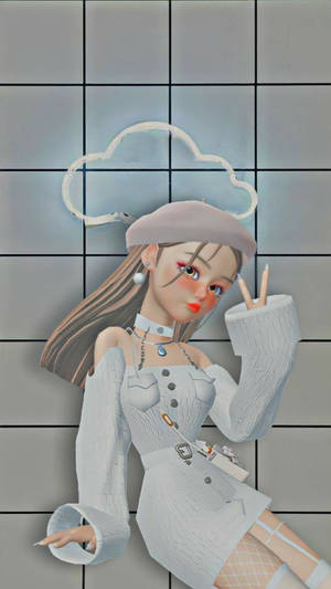 穿著白色服裝的動漫女孩在瓷磚牆前比出和平手勢，搭配雲朵配件。 — 動漫女孩 壁紙