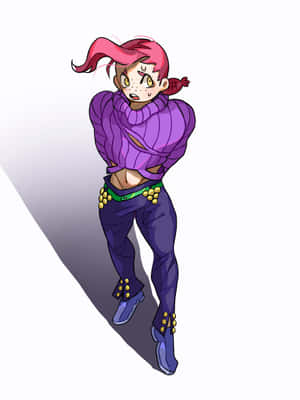 粉紅色頭髮和紫色服裝的動漫女孩，以自信的姿勢站立。 — HMD Terra M 壁紙