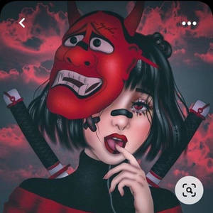 動漫女孩戴著紅色惡魔面具，身後有劍，背景是紅色天空。 — 鬼滅之刃面具 壁紙
