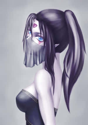 長長的黑髮和藍色眼睛的動漫女孩戴著半透明的面紗。 — 最黑暗地牢 壁紙