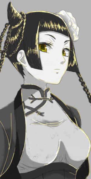 黑色辮子頭髮和金色眼睛的動漫女孩，穿著黑色和金色的服裝。 — 成振宇 壁紙