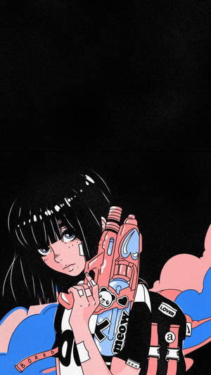 動漫女孩拿著粉紅色水槍，身後有彩色雲朵。 — 動漫女孩 壁紙