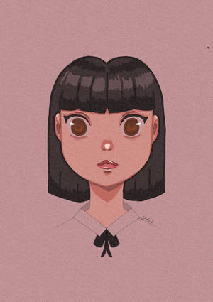 動漫女孩，黑色鮑伯頭和黑色蝴蝶結，在粉紅色背景前。 — 藝術 壁紙