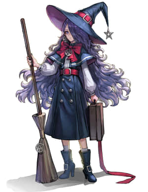 動漫女巫，紫色頭髮，拿著掃帚和手提箱。 — Galaxy Z Fold 8 壁紙