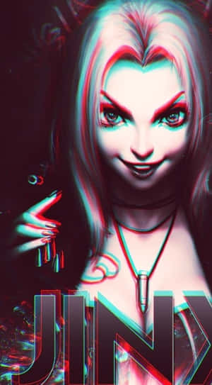 在故障數位風格中，擁有心形頭髮和發光眼睛的動漫角色。 — Jinx 魔法禁書 壁紙