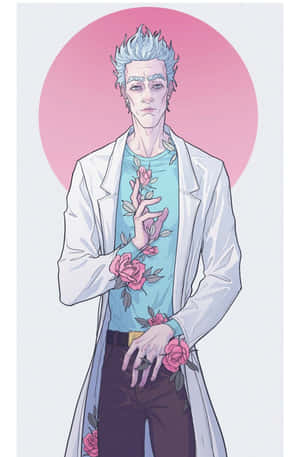 動漫男子，藍色頭髮和花卉襯衫，在粉紅色圓圈下。 — Huawei MatePad 11.5 (2025) 壁紙