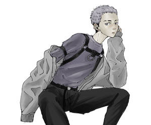 動漫風格的男孩，灰色頭髮，蹲坐著，穿著灰色毛衣和黑色背帶。 — 中性 壁紙