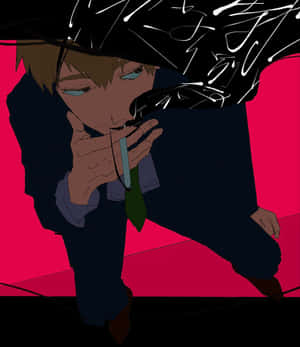 動漫男孩在黑色雨傘下抽煙，粉紅色背景 — 小米Mix Flip 2 壁紙