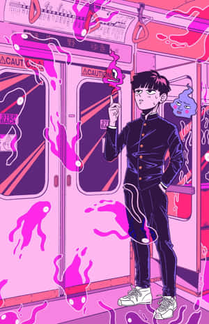 動漫男孩在地鐵中被粉紅色黏糊糊生物包圍 — Galaxy Z Fold 8 壁紙