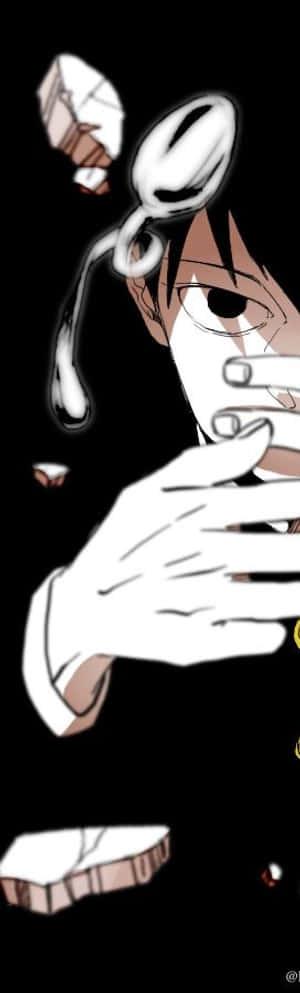 在黑暗環境中，戴著湯匙頭飾和戴手套的手的動漫角色 — AMOLED 壁紙