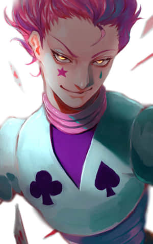 粉紅色頭髮和衣服上帶有卡片符號的動漫角色 — Hisoka GIF 壁紙
