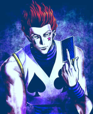 紅髮星星紋身的動漫角色拿著一張撲克牌。 — Hisoka GIF 壁紙
