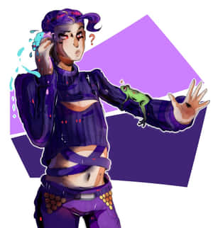 動漫角色，擁有紫色頭髮和服裝，抱著一隻綠色青蛙，水從耳朵濺出。 — Honor Magic V 壁紙