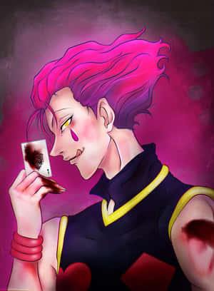 粉紅色頭髮的動漫角色拿著一張沾血的撲克牌。 — Hisoka GIF 壁紙