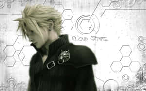 動漫角色 Cloud Strife 身穿黑色外套，搭配六邊形科技背景。 — 最終幻想 壁紙