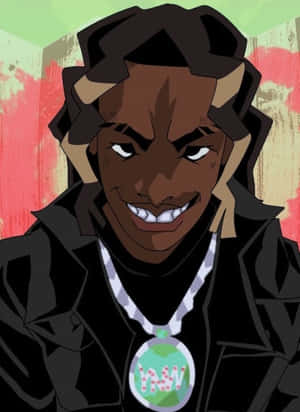 辮子頭髮和地球吊墜的動漫角色在塗鴉背景中微笑。 — Ynw melly GIF 壁紙