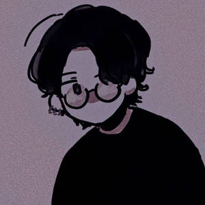 深色頭髮戴眼鏡的動漫角色在紫色調插圖中向下看。 — 插畫 壁紙