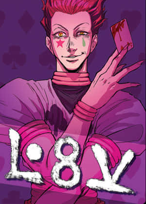 粉紅色頭髮的動漫角色在紫色背景前拿著一張沾血的牌。 — Hisoka GIF 壁紙