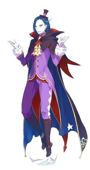 動漫角色，身穿紫色和紅色服裝，雙手發光，戴著高頂帽。 — Pixel Fold 壁紙