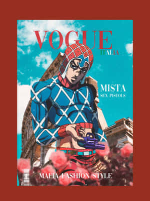 動漫角色Mista在Vogue Italia封面上拿著手槍，搭配玫瑰和廢墟。 — Kindle 壁紙