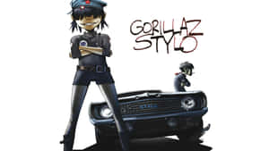 Gorillaz 的動漫角色站在一輛寫有 'STYLO' 的黑色汽車旁。 — 大猩猩 壁紙
