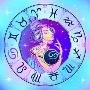 一位穿著宇宙風格服裝的女性手持水晶球，周圍環繞著星座符號和星星。 — iPad (A16) 壁紙