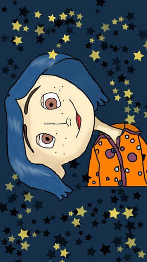 藍色頭髮和雀斑的卡通女孩在夜晚閃爍的星星中微笑。 — 珊瑚 壁紙