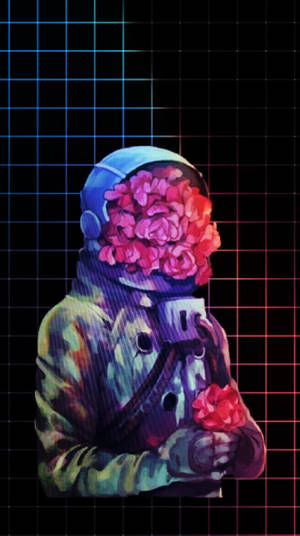 花朵臉的太空人手持玫瑰，背景是發光網格。 — 太空人 壁紙