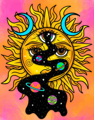 一個卡通太陽，帶有宇宙之眼和從嘴裡滴落的空間，伴隨著行星。 — 太陽與月亮 壁紙