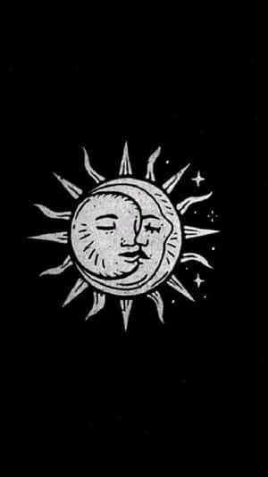 太陽和月亮的面孔在黑色背景上與星星和諧共存 — 月色夜空 壁紙