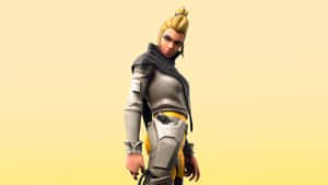 穿著銀色和黃色盔甲的女性電子遊戲角色站在黃色背景前。 — Fortnite 造型 壁紙
