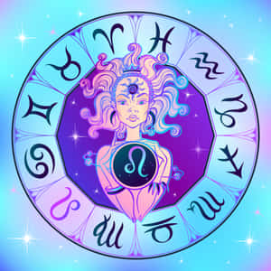 一個神秘的人物，擁有飄逸的頭髮，在發光的黃道輪中手持獅子座星座符號。 — iPad 壁紙