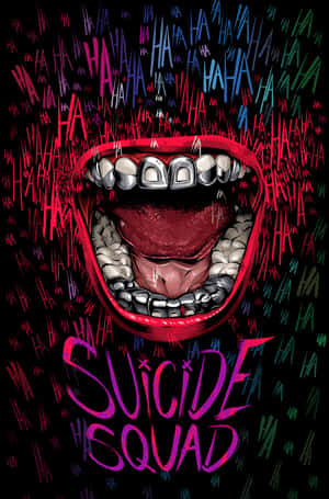 尖叫嘴巴帶有金屬牙套，周圍環繞著「HA HA」文字和「SUICIDE SQUAD」標題。 — 小丑 壁紙