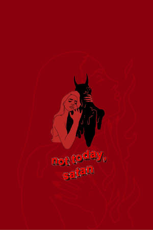 一位女性手持帶有 not today satan 文字的魔鬼形象，背景為紅色。 — 路西法 惡魔 壁紙