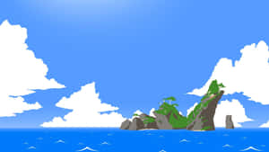 藍天白雲下，藍色海洋中的岩石島嶼上長滿綠樹。 — 薩爾達 GIF 壁紙