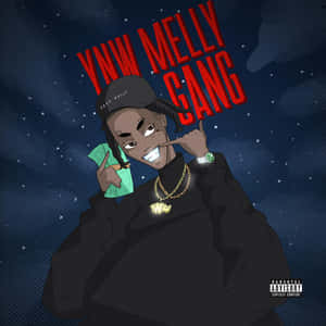 饒舌歌手在繁星夜空下手持現金，附有紅色文字及家長指引標籤。 — Ynw melly GIF 壁紙
