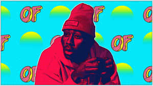 戴紅色冷帽的男子，背景為色彩繽紛的普普藝術，帶有冬甩和太陽。 — Tyler the creator GIF 壁紙