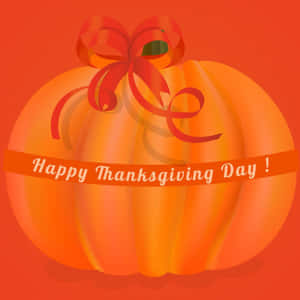一個帶有紅色蝴蝶結和「Happy Thanksgiving Day」橫幅的歡樂橙色南瓜。 — 感恩節 壁紙