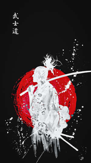 武士戰士持劍面對紅色太陽，背景有墨水飛濺效果。 — 武士 壁紙
