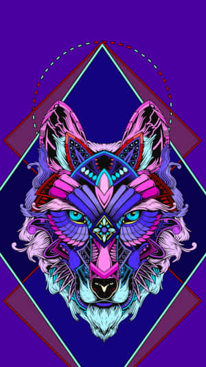一幅色彩繽紛的幾何狼插圖，帶有發光的眼睛和部落圖案。 — 狼 壁紙