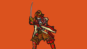 紅色盔甲武士在橙色背景前持劍 — 夜景城市 壁紙