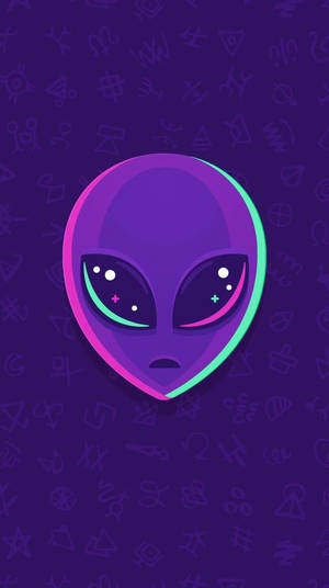 紫色外星人，在宇宙符號背景上擁有發光的眼睛。 — 紫色美學 壁紙