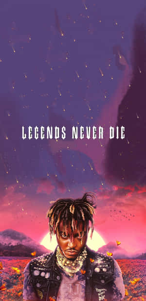 一個穿著鉚釘外套、有辮子頭的男人，在繁星點點的日落天空下，帶有文字 legends never die。 — Huawei Mate 70 Air 壁紙