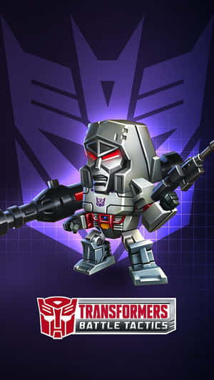 銀色機械人，紅色眼睛，在發光的紫色 Decepticon 標誌前手持武器。 — 機械人 壁紙