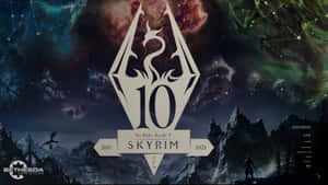 Skyrim的遊戲週年紀念標誌，在星空下有一條龍和山脈。 — 天空美學 壁紙
