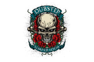 頭骨與紅玫瑰和交叉骨頭，下方有 dubstep 橫幅 — 設計 壁紙